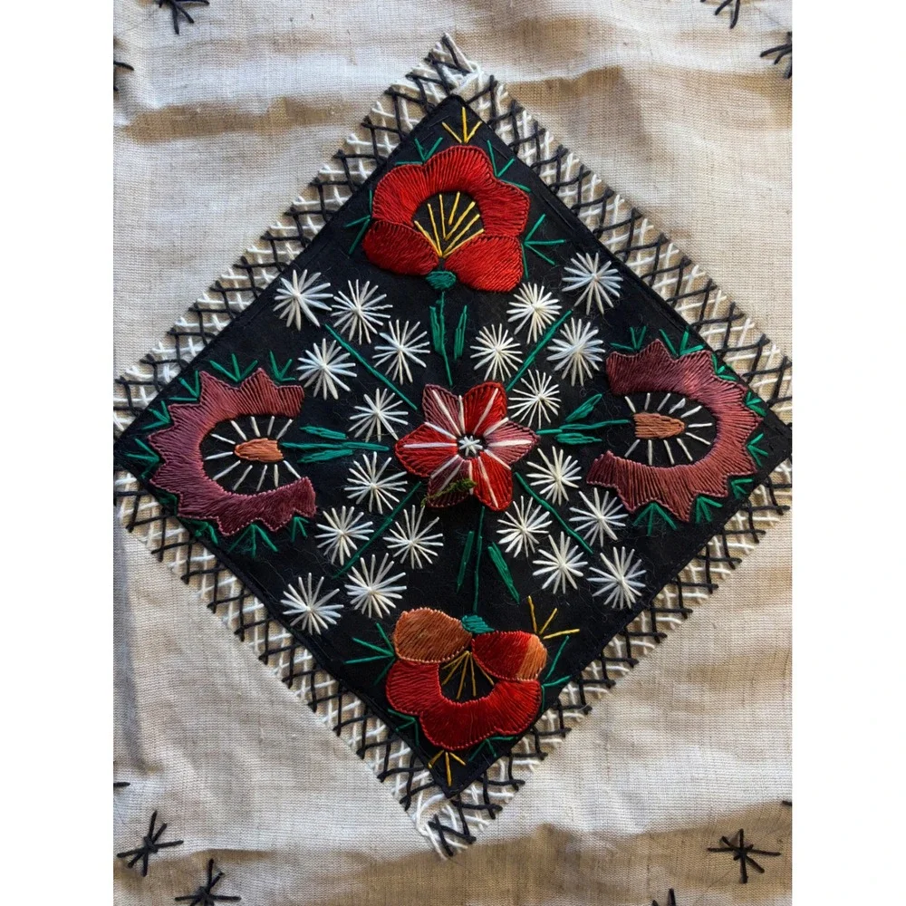 Vintage Hungarian Folklore Embroidered Linen Tablecloth 90s 38x38